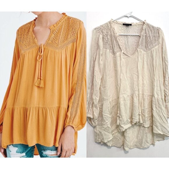 AMERICAN EAGLE Cream Beige Crochet / Lace Tassel Tie Neck Boho Tunic Peasant Top - Picture 1 of 16